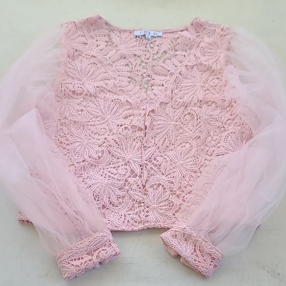 story on Tops - Chic Pink Lace Blouse with Sheer Sleeves